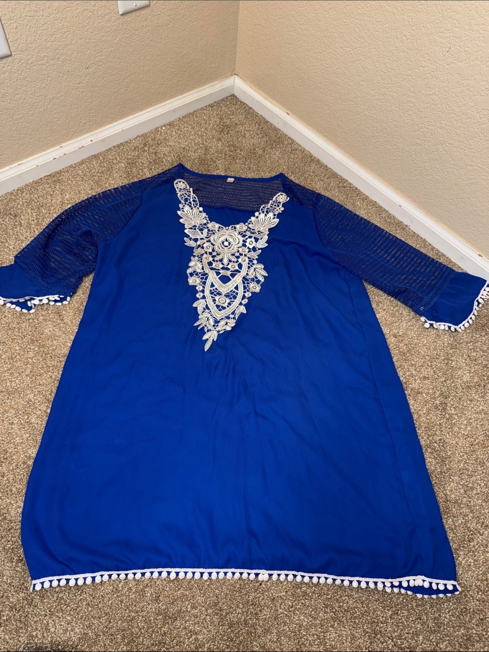 Swimsuit cover-up vibrant royal blue tunic dress ornate embroidered lace SZ XL - Picture 2 of 9